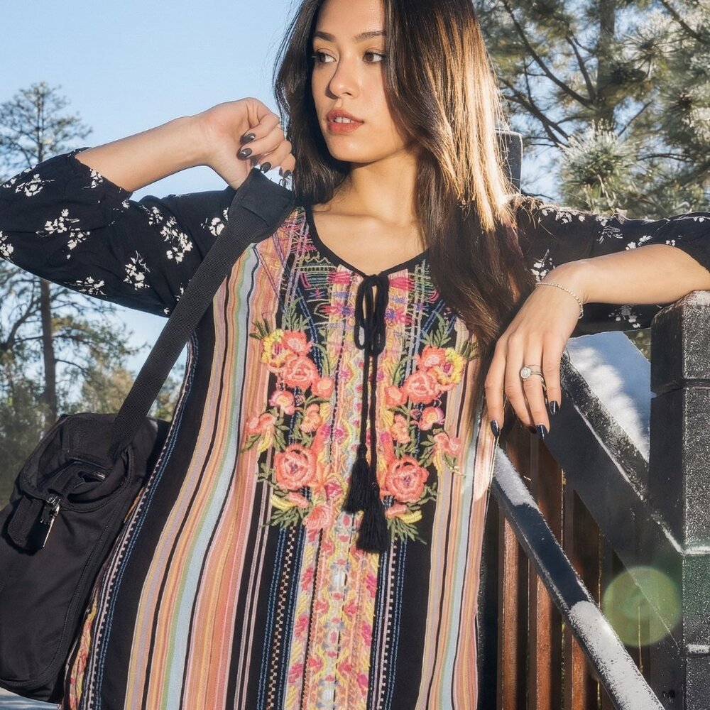 Calessa embroidered floral pink black striped tie neck tunic top shirt dress New